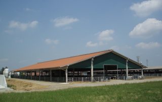Stalla agricola con struttura aperta e tetto arancione.
