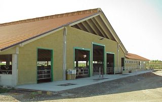 Stalla con struttura in cemento e tetto a falde.