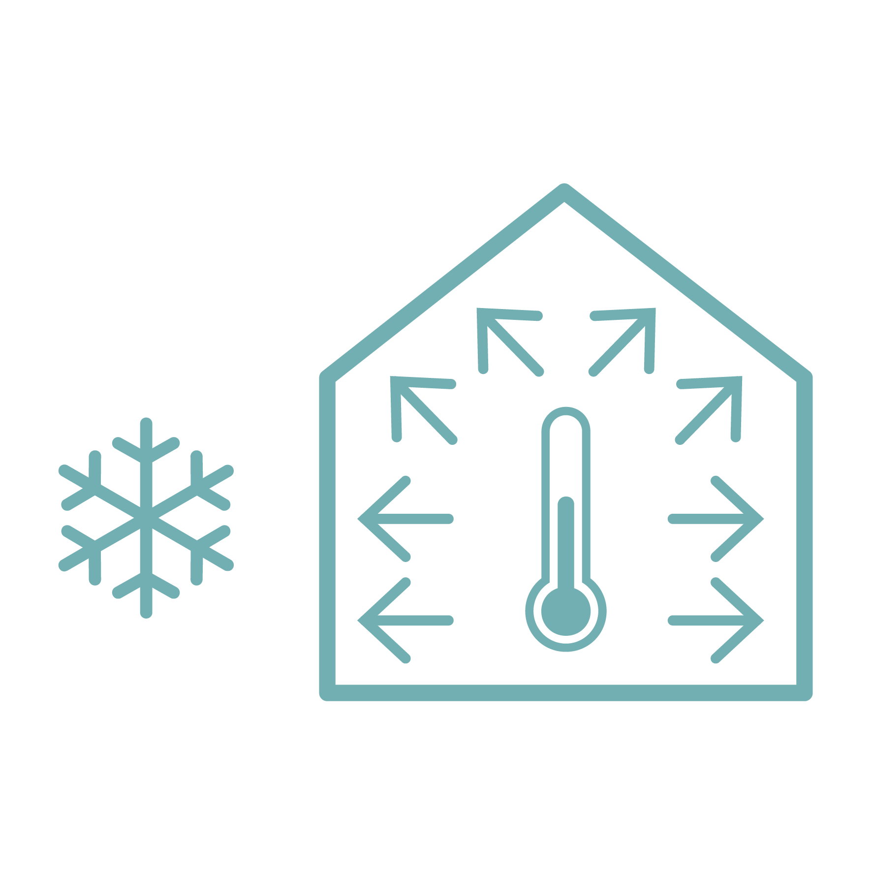 Icona che rappresenta l'isolamento termico di un edificio, con un fiocco di neve all'esterno e una casa che trattiene il calore all'interno.