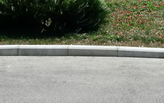 Cordolo stradale in cemento con profilo curvo, separante una strada asfaltata da un'area verde con cespugli e prato.