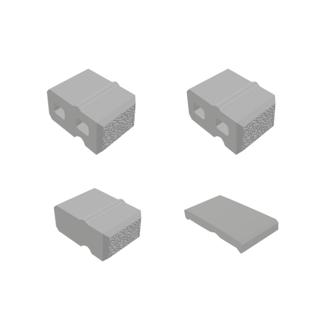 Rappresentazione 3D di blocchi Muricciolo per edilizia, con varianti forate e piene, ideali per la costruzione di muri di contenimento e arredo urbano.