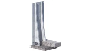 Muri di sostegno a T in cemento di colore grigio. I muri presentano una struttura robusta e sono utilizzati per la stabilizzazione del terreno.