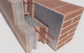 Sezione di un muro con cappotto sismico Paver, mostrando struttura interna, armatura e materiali isolanti.
