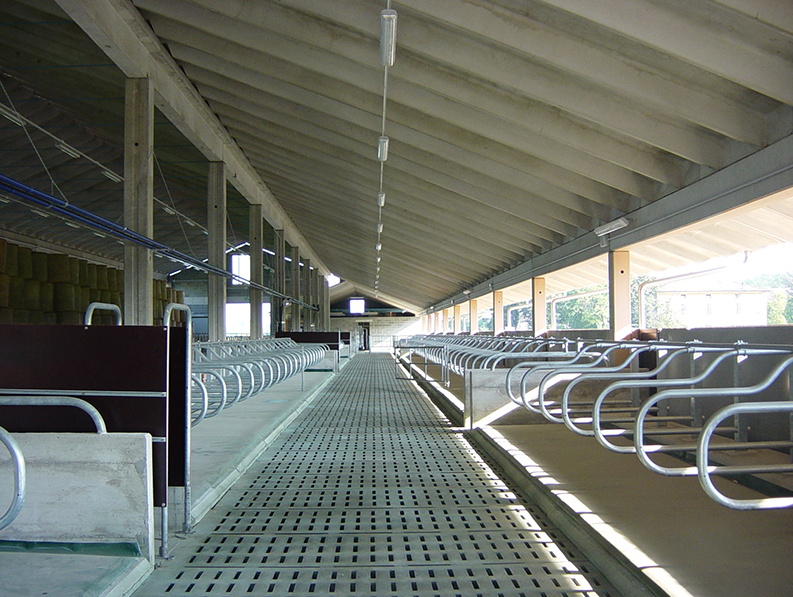 Interno di una porcilaia con file ordinate di recinti in acciaio inox separati da un corridoio centrale.