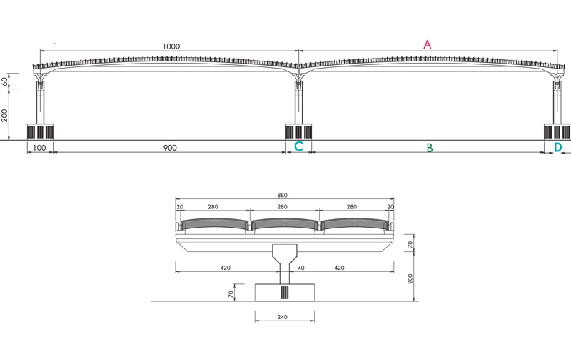 Disegno tecnico di una struttura prefabbricata con copertura ondulata.