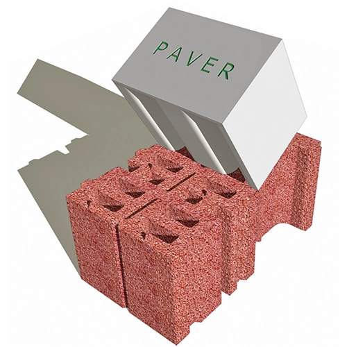 Render di blocchi edilizi in laterizio porizzato a incastro, marchio Paver, con struttura alveolare per migliorare l'isolamento termico.