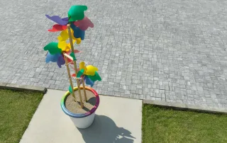 Pavimentazione in pietra grigia con vaso colorato contenente girandole multicolori.