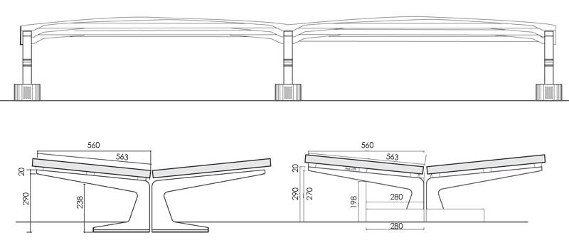 Disegno tecnico di una struttura prefabbricata con copertura ondulata.