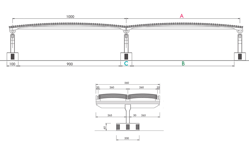 Disegno tecnico di una struttura prefabbricata con copertura ondulata.