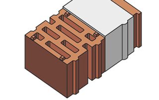 Render di blocchi edilizi in laterizio porizzato a incastro, marchio Paver, con struttura alveolare per migliorare l'isolamento termico.
