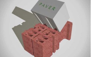 Render di blocchi edilizi in laterizio porizzato a incastro, marchio Paver, con struttura alveolare per migliorare l'isolamento termico.