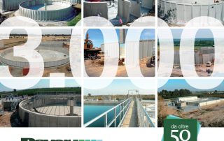 Collage di immagini di vasche industriali prefabbricate in cemento realizzate da Paver, con il numero "3.000" in evidenza e il logo aziendale che celebra oltre 50 anni di esperienza e innovazione.