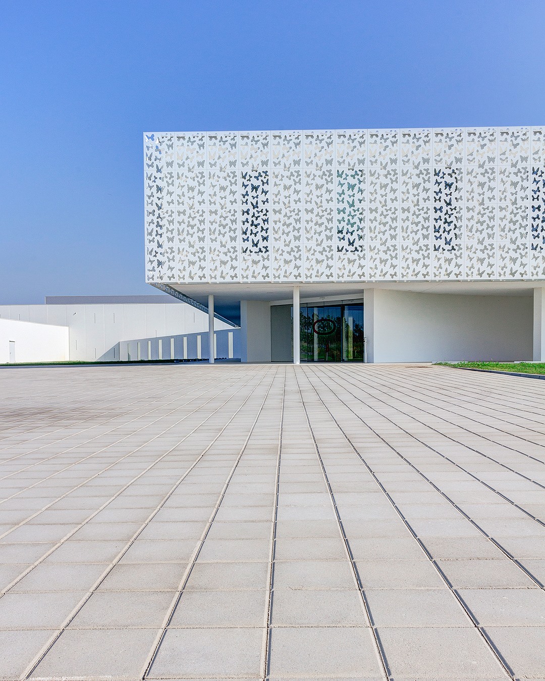 Pavimentazione in lastre rettangolari chiare con linee sottili di separazione, davanti a un edificio moderno bianco con pannelli decorati da motivi di farfalle.