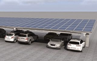 Parcheggio coperto con struttura prefabbricata in cemento, dotato di pensiline fotovoltaiche.