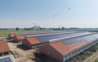 Complesso di edifici agricoli con tetti a doppia falda ricoperti da pannelli solari.