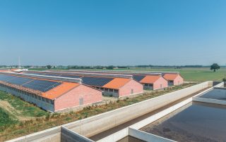 Complesso di edifici agricoli con tetti a doppia falda ricoperti da pannelli solari. Le strutture in mattoni rossi sono immerse in un paesaggio rurale, con vasche di raccolta dei liquami in primo piano.