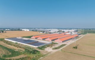 Complesso di edifici agricoli con tetti a doppia falda ricoperti da pannelli solari. Le strutture in mattoni rossi sono immerse in un paesaggio rurale, con vasche di raccolta dei liquami.