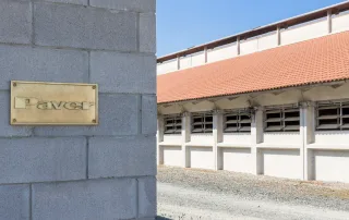 In primo piano, un muro in blocchi di cemento con una targa in metallo dorato recante la scritta "Paver". Sullo sfondo, una porcilaia in cemento con un tetto in tegole rosse. La struttura presenta finestre a lamelle regolabili per la ventilazione.