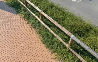 Pavimentazione in blocchi rettangolari di colore marrone chiaro.