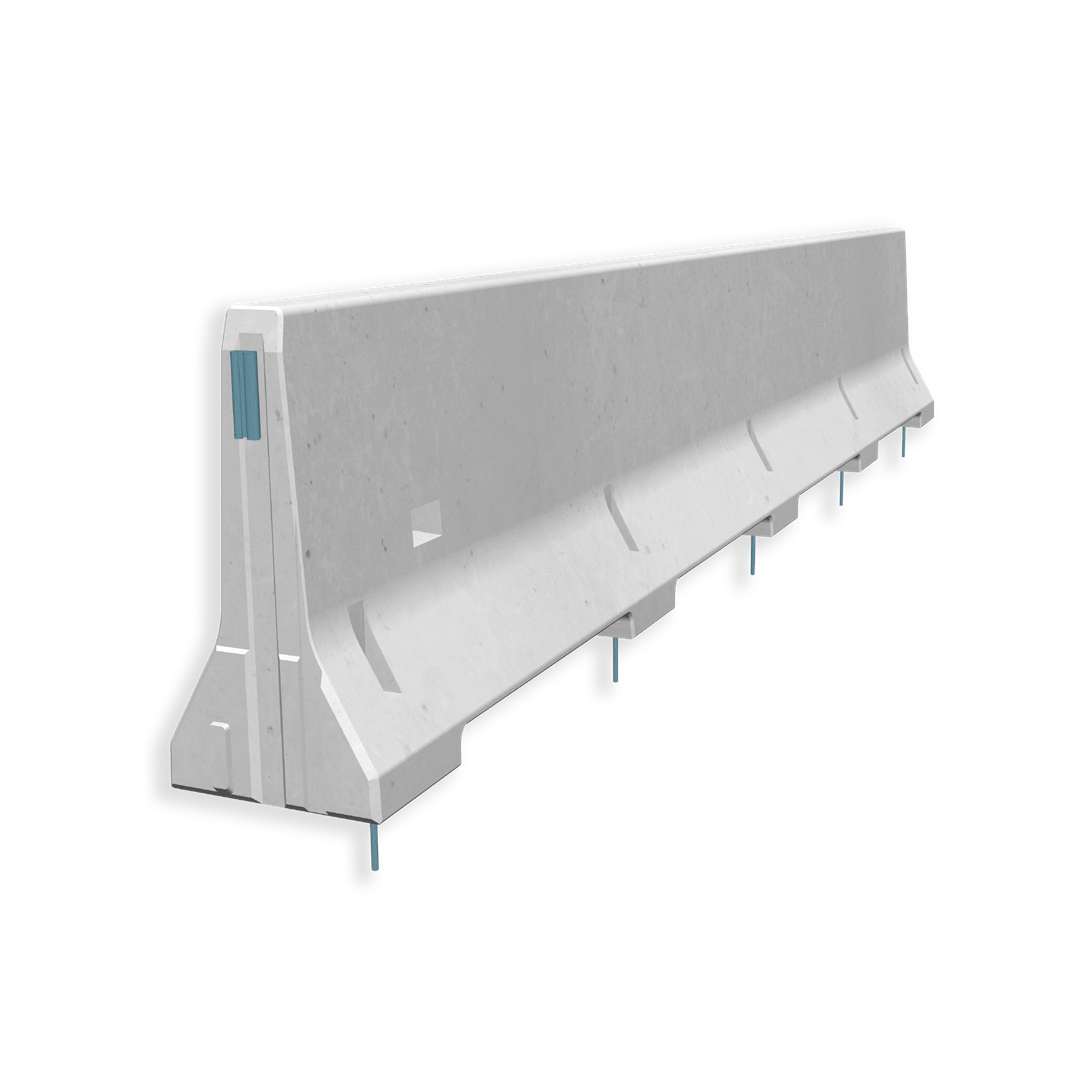 Render 3D di una barriera di sicurezza in cemento tipo New Jersey, con sistema di fissaggio a terra tramite perni metallici.