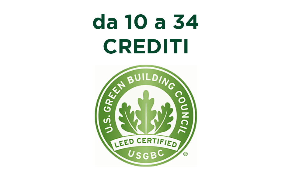 Certificazione LEED del U.S. Green Building Council con la dicitura 'da 10 a 34 crediti', relativa alla sostenibilità dei materiali di Gruppo Paver.