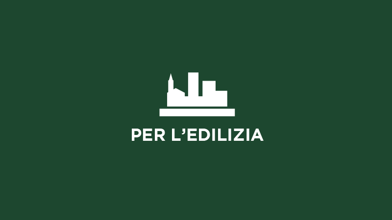 Icona stilizzata bianca di edifici su sfondo verde, accompagnata dal testo 'PER L’EDILIZIA