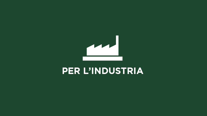 Icona stilizzata bianca di una fabbrica con camino su sfondo verde, accompagnata dal testo 'PER L’INDUSTRIA